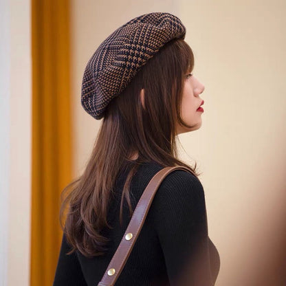 Black and Brown Plaid Beret